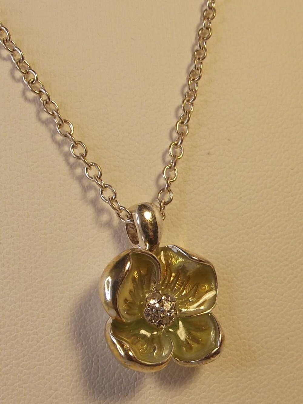 Dainty Flower Necklace Silver Tone with Rhinestone Center